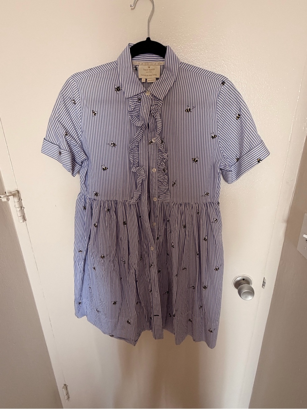 Blue Striped Bumble bee Embroidered Button-Front Shirt Dress - Picture 2 of 4